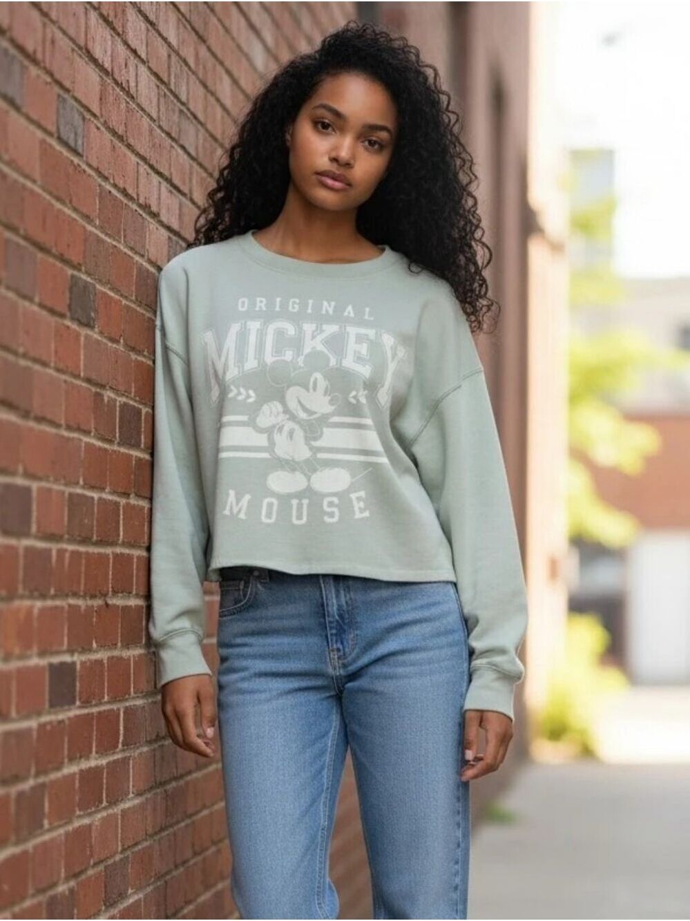 Disney Mickey Mouse Sage Green Crop Sweatshirt Small